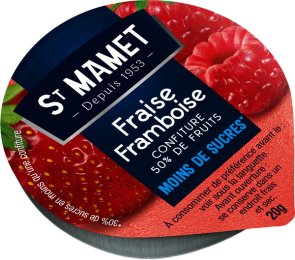 Confiture fraise-framboise allégée en sucres en coupelle 20 g SAINT MAMET | Grossiste alimentaire | EpiSaveurs
